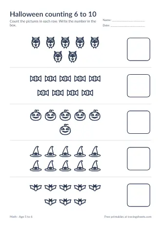 Preview of the halloween counting 6 to 10 worksheet