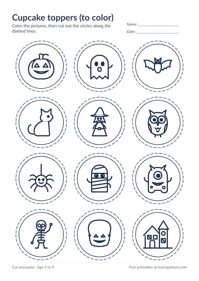 Preview of the printable cupcake toppers (to color) worksheet