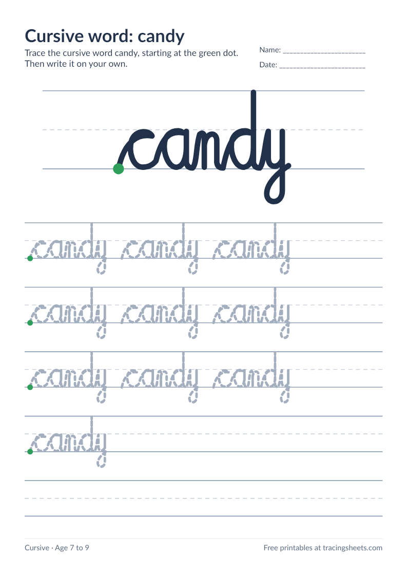 Preview of the printable cursive word: candy worksheet