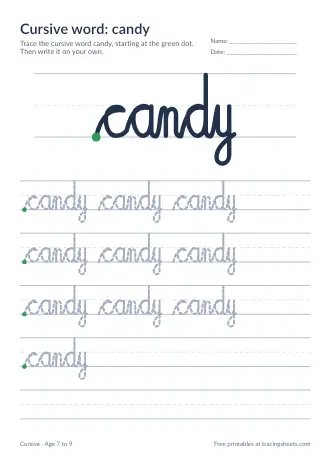 Preview of the cursive word: candy worksheet