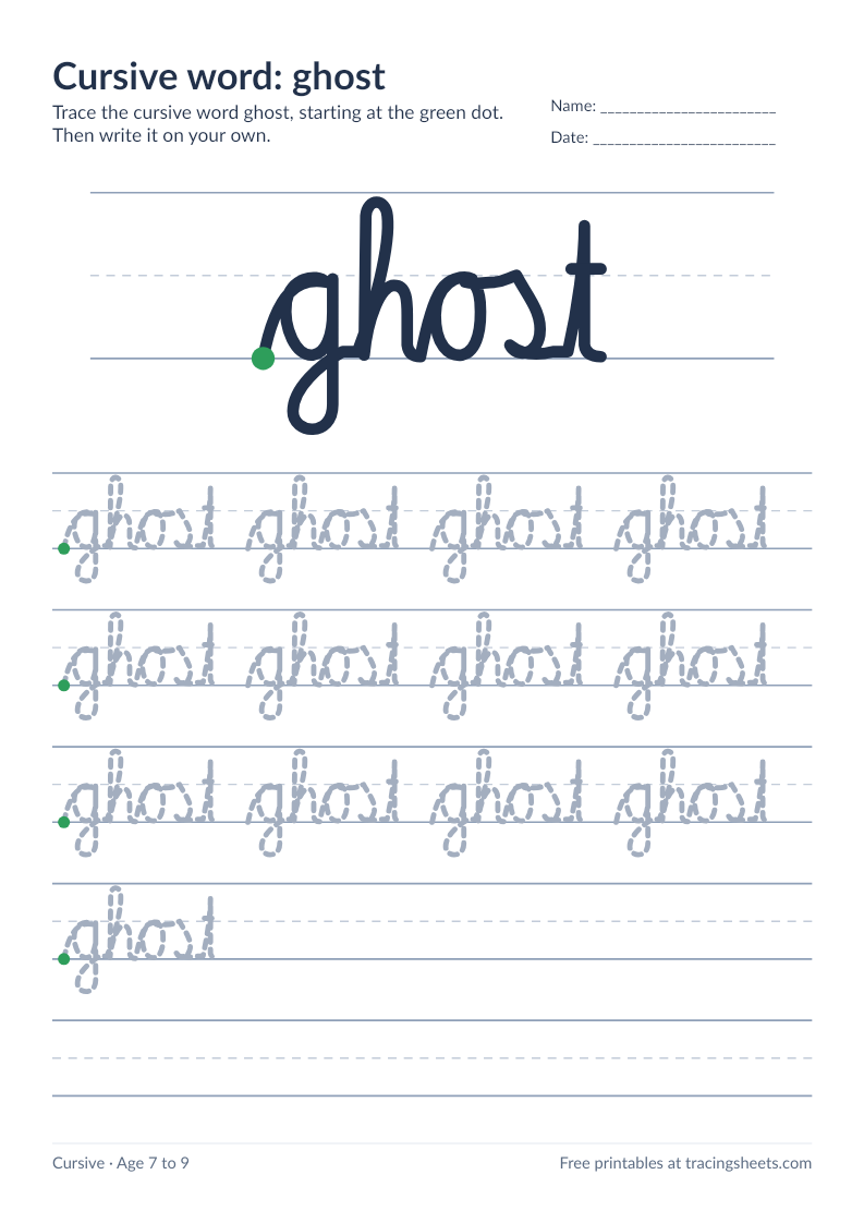 Preview of the printable cursive word: ghost worksheet