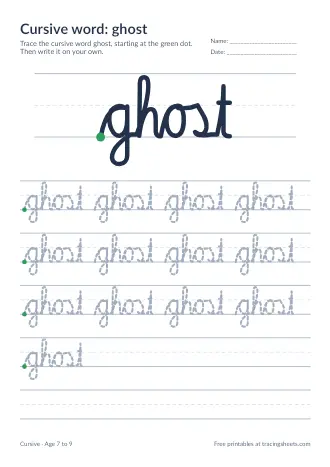 Preview of the cursive word: ghost worksheet