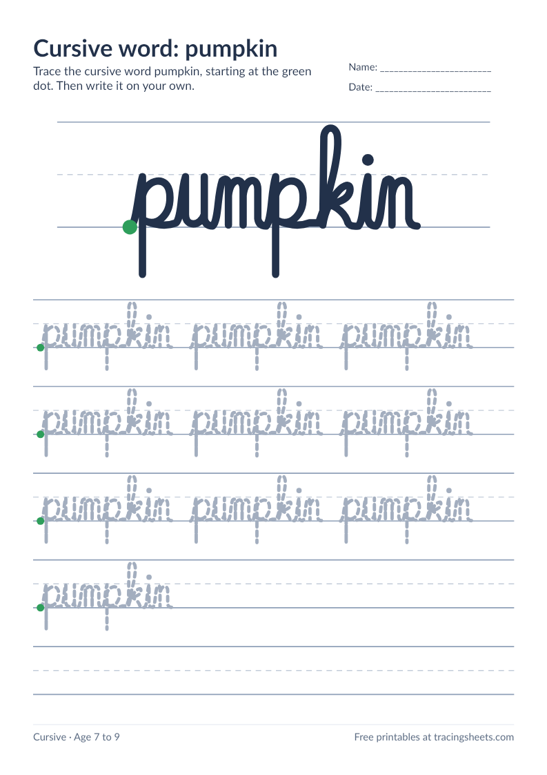 Preview of the printable cursive word: pumpkin worksheet