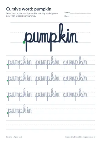 Preview of the cursive word: pumpkin worksheet