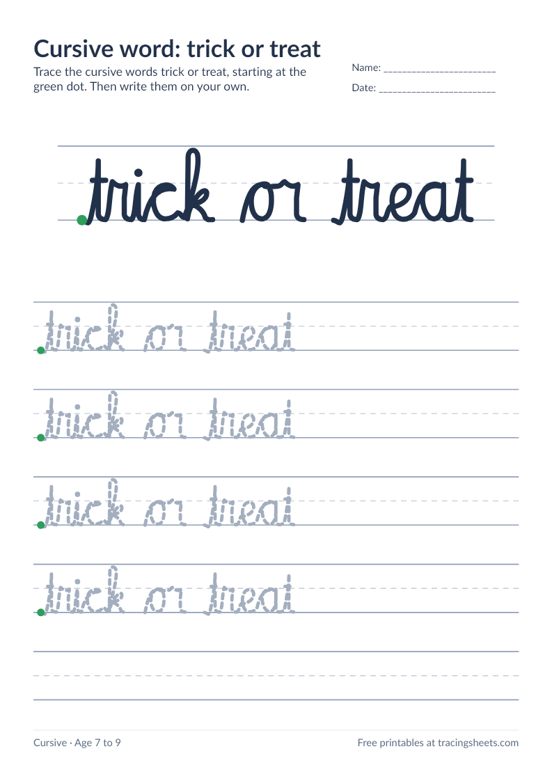 Preview of the printable cursive word: trick or treat worksheet