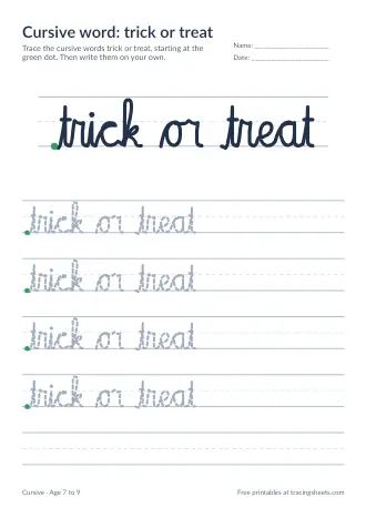 Preview of the cursive word: trick or treat worksheet