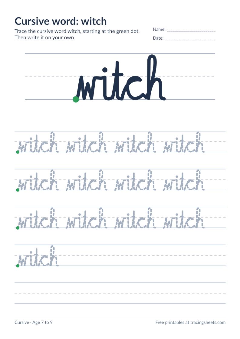 Preview of the printable cursive word: witch worksheet