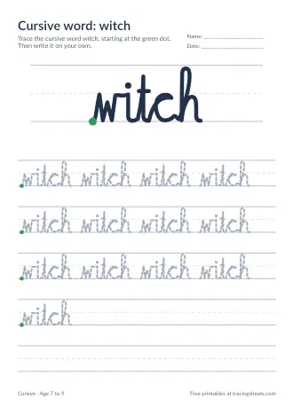 Preview of the cursive word: witch worksheet