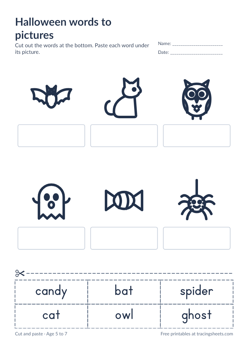 Preview of the printable halloween words to pictures worksheet
