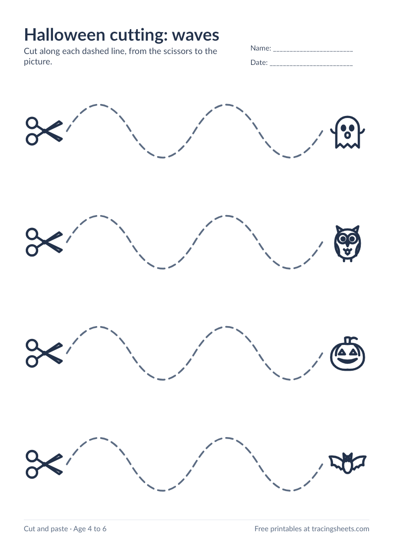 Preview of the printable halloween cutting: waves worksheet