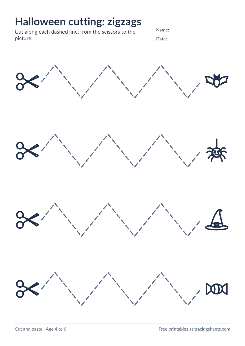 Preview of the printable halloween cutting: zigzags worksheet
