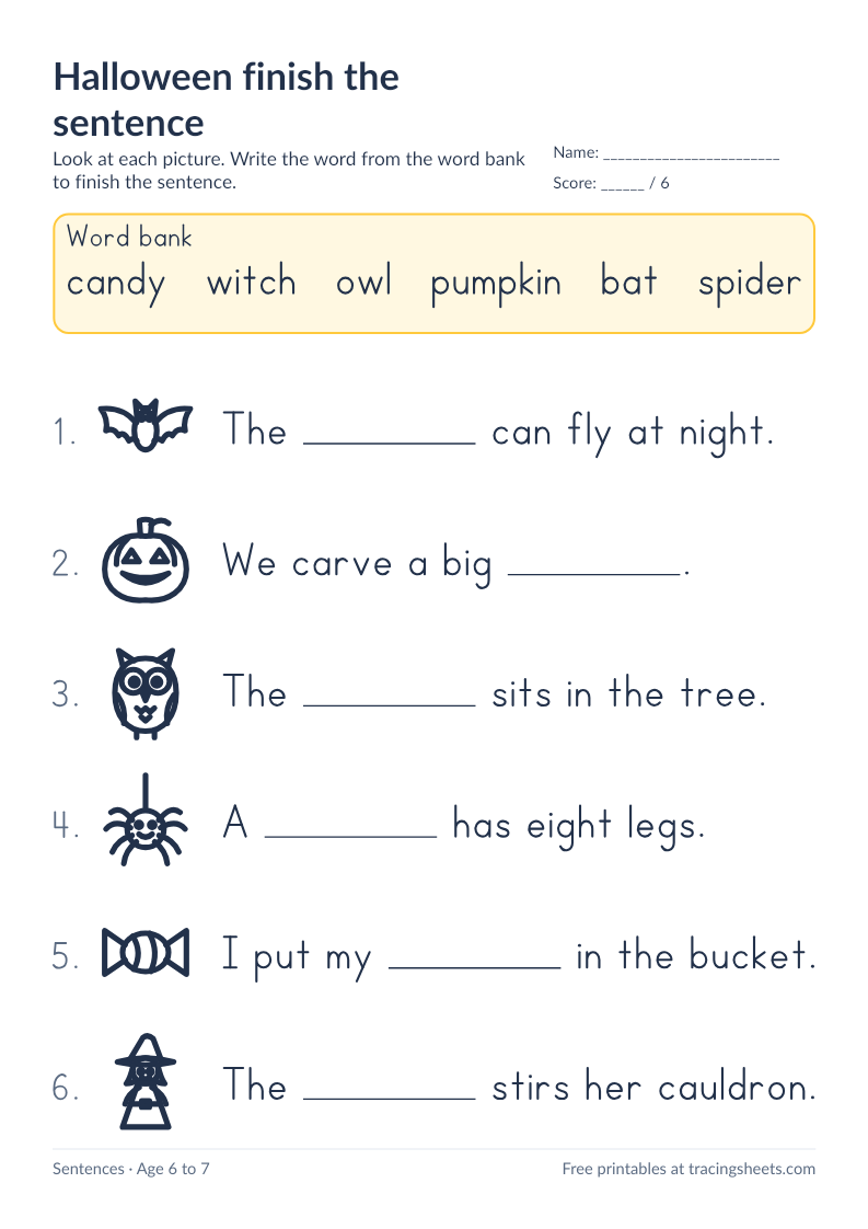 Preview of the printable halloween finish the sentence worksheet