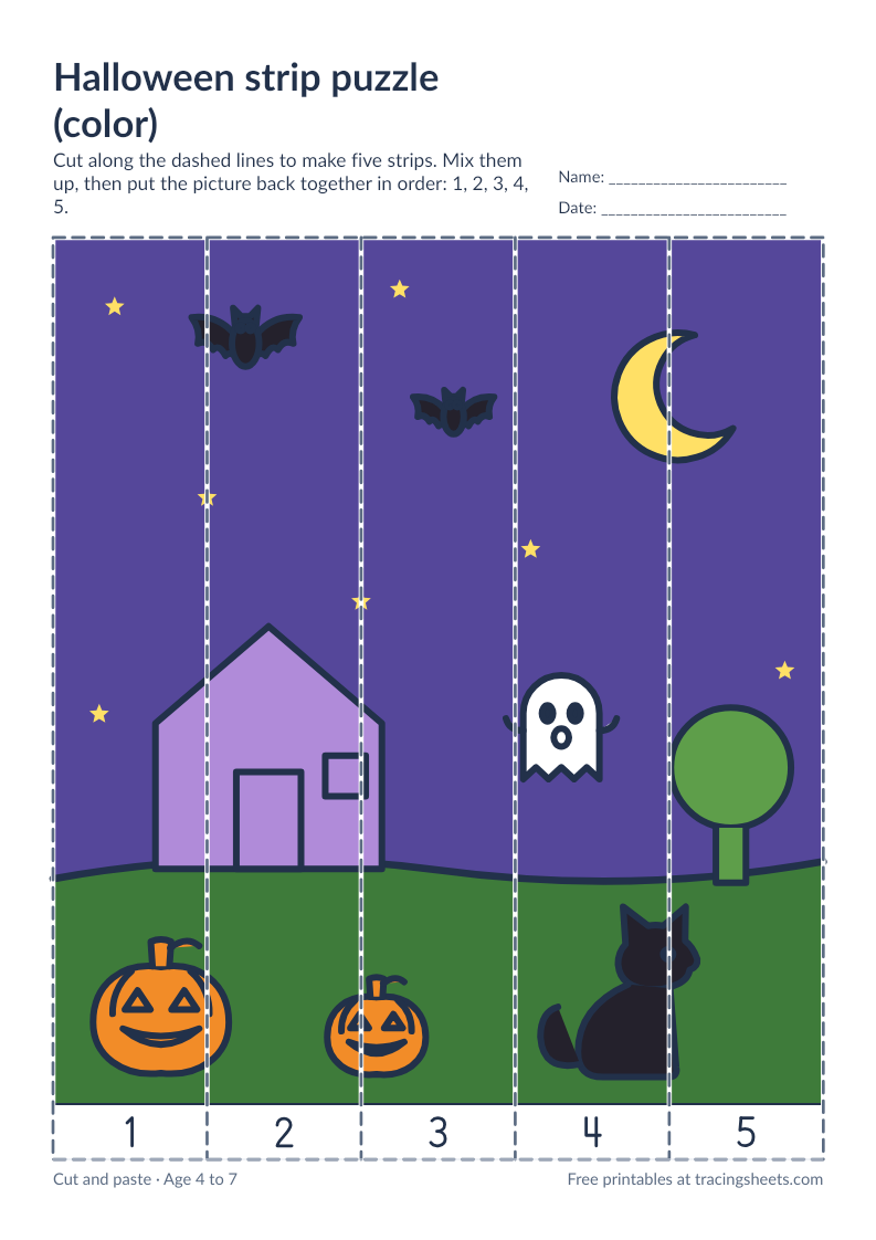 Preview of the printable halloween strip puzzle (color) worksheet