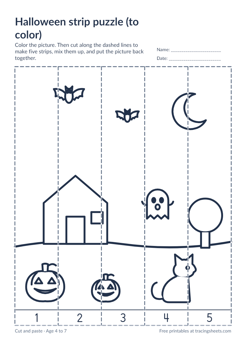 Preview of the printable halloween strip puzzle (to color) worksheet