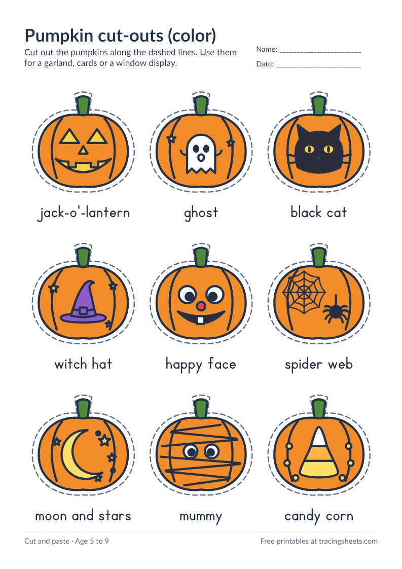 Preview of the printable pumpkin cut-outs (color) worksheet