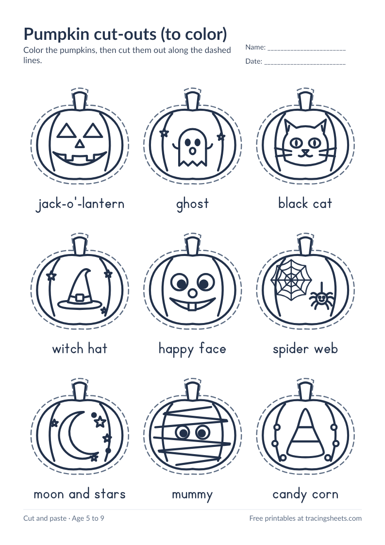 Preview of the printable pumpkin cut-outs (to color) worksheet