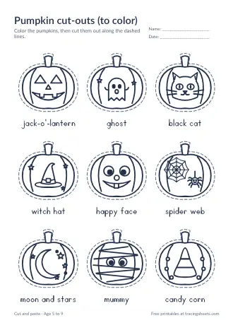 Preview of the pumpkin cut-outs (to color) worksheet