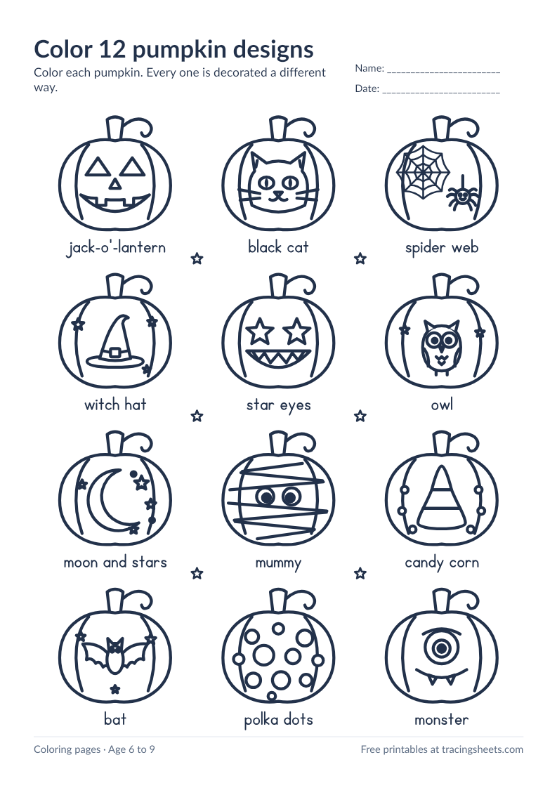 Preview of the printable color 12 pumpkin designs worksheet