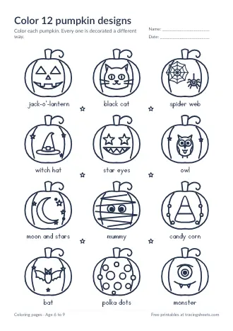 Preview of the color 12 pumpkin designs worksheet