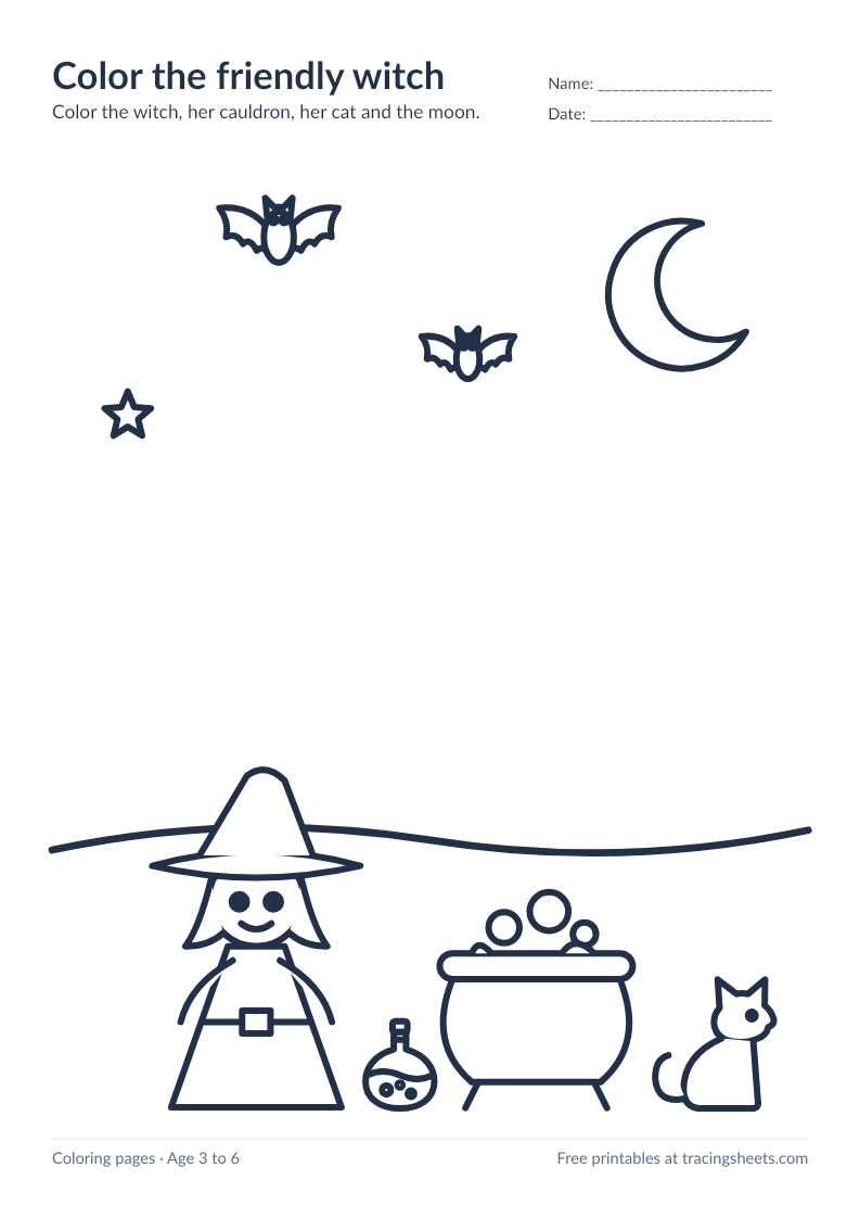 Preview of the printable color the friendly witch worksheet
