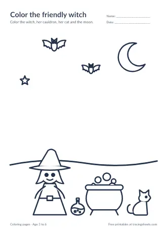 Preview of the color the friendly witch worksheet