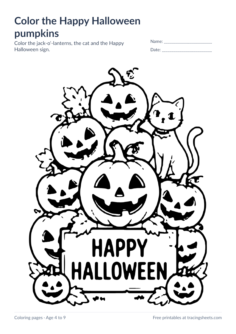 Preview of the printable color the happy halloween pumpkins worksheet