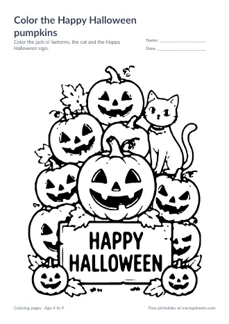 Preview of the color the happy halloween pumpkins worksheet