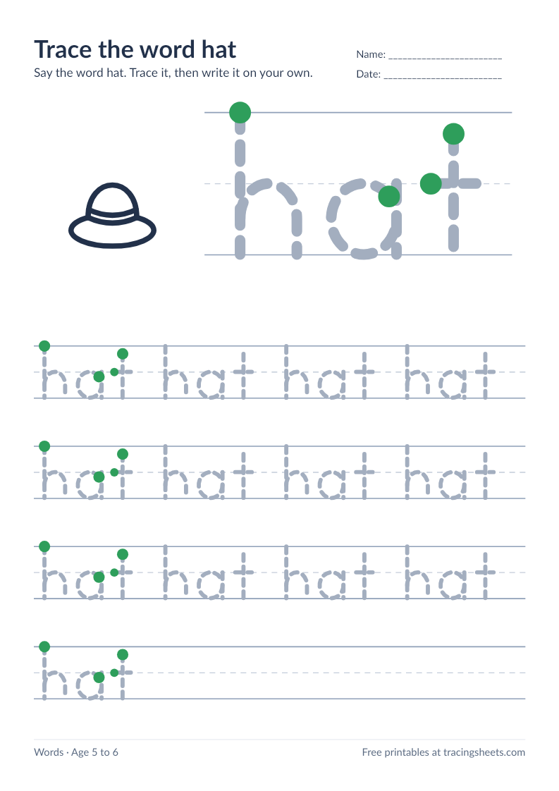Preview of the printable trace the word hat worksheet