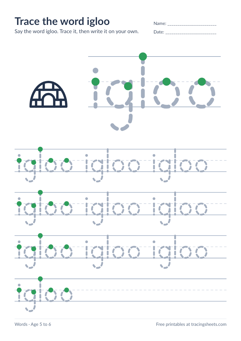 Preview of the printable trace the word igloo worksheet