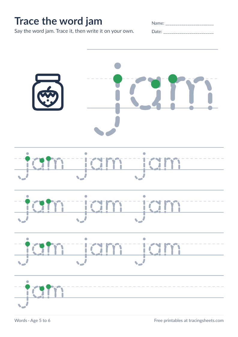 Preview of the printable trace the word jam worksheet