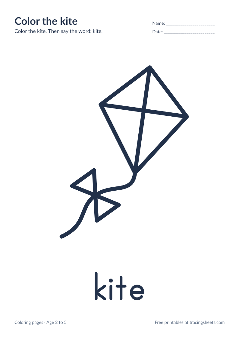 Preview of the printable color the kite worksheet