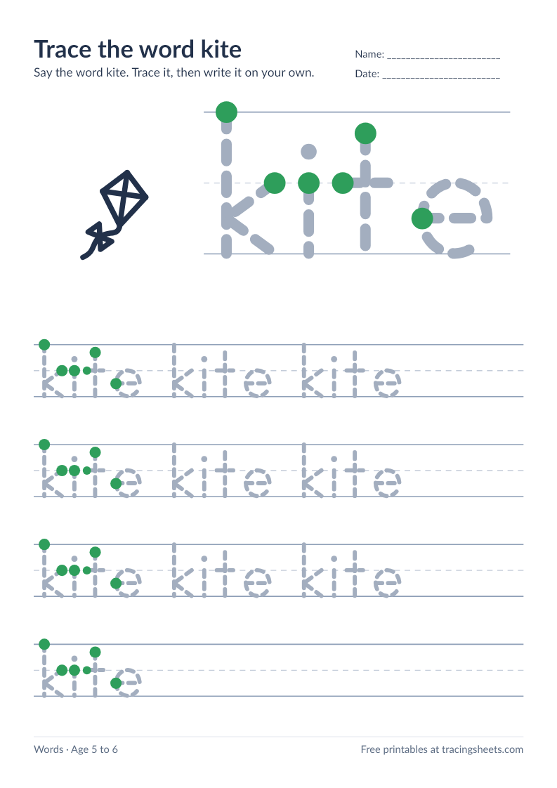 Preview of the printable trace the word kite worksheet
