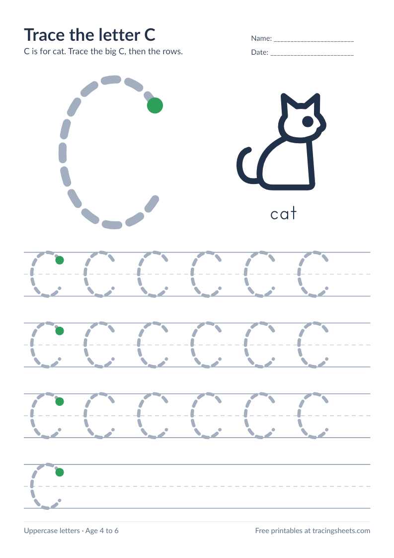 Preview of the printable trace the letter c worksheet