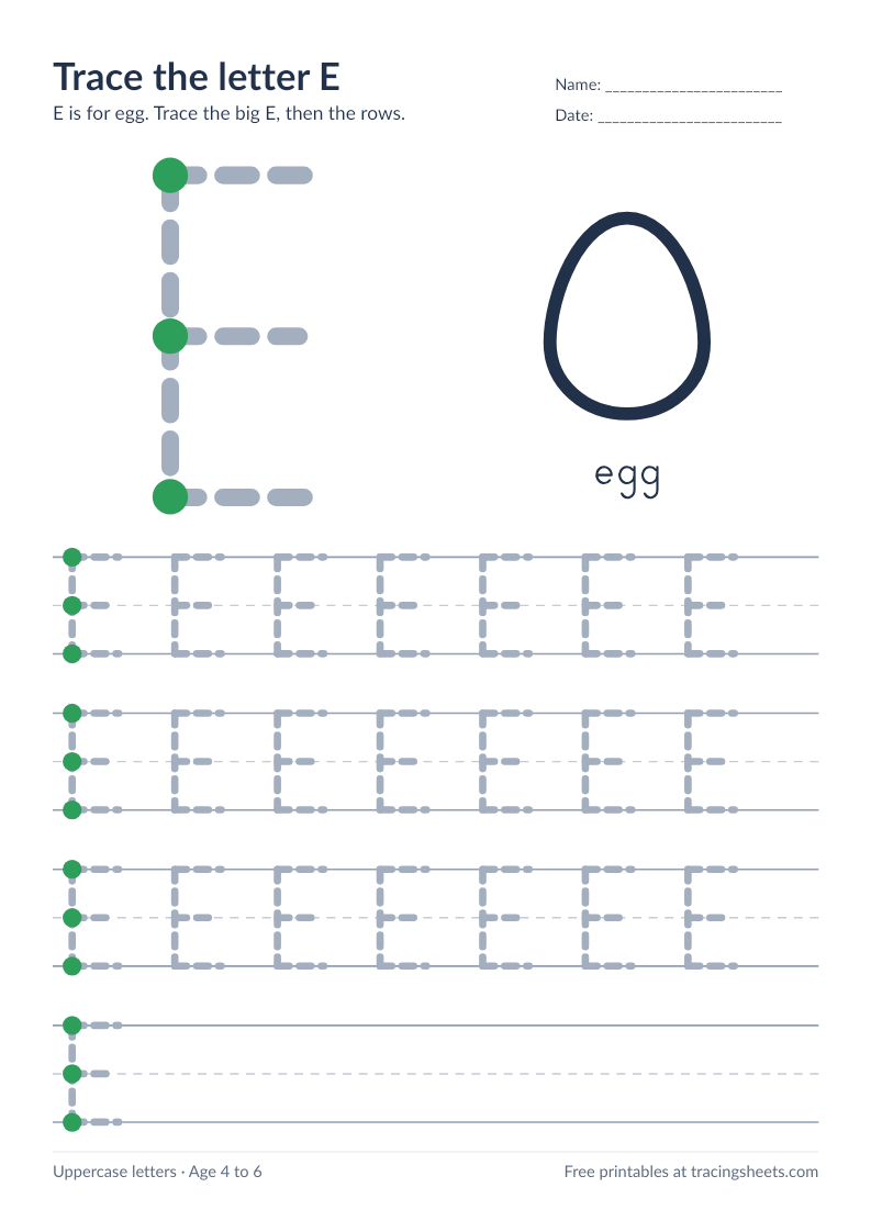 Preview of the printable trace the letter e worksheet