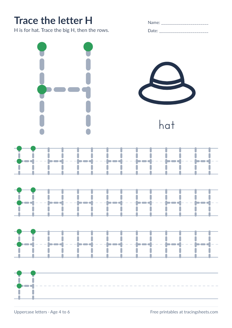 Preview of the printable trace the letter h worksheet