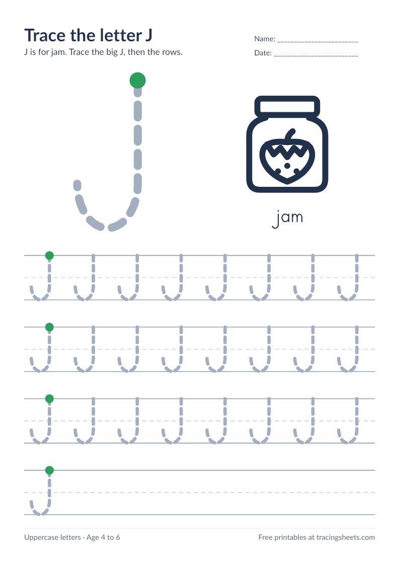 Preview of the printable trace the letter j worksheet
