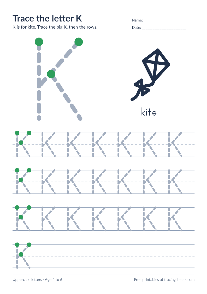 Preview of the printable trace the letter k worksheet