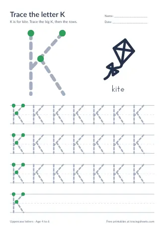 Preview of the trace the letter k worksheet