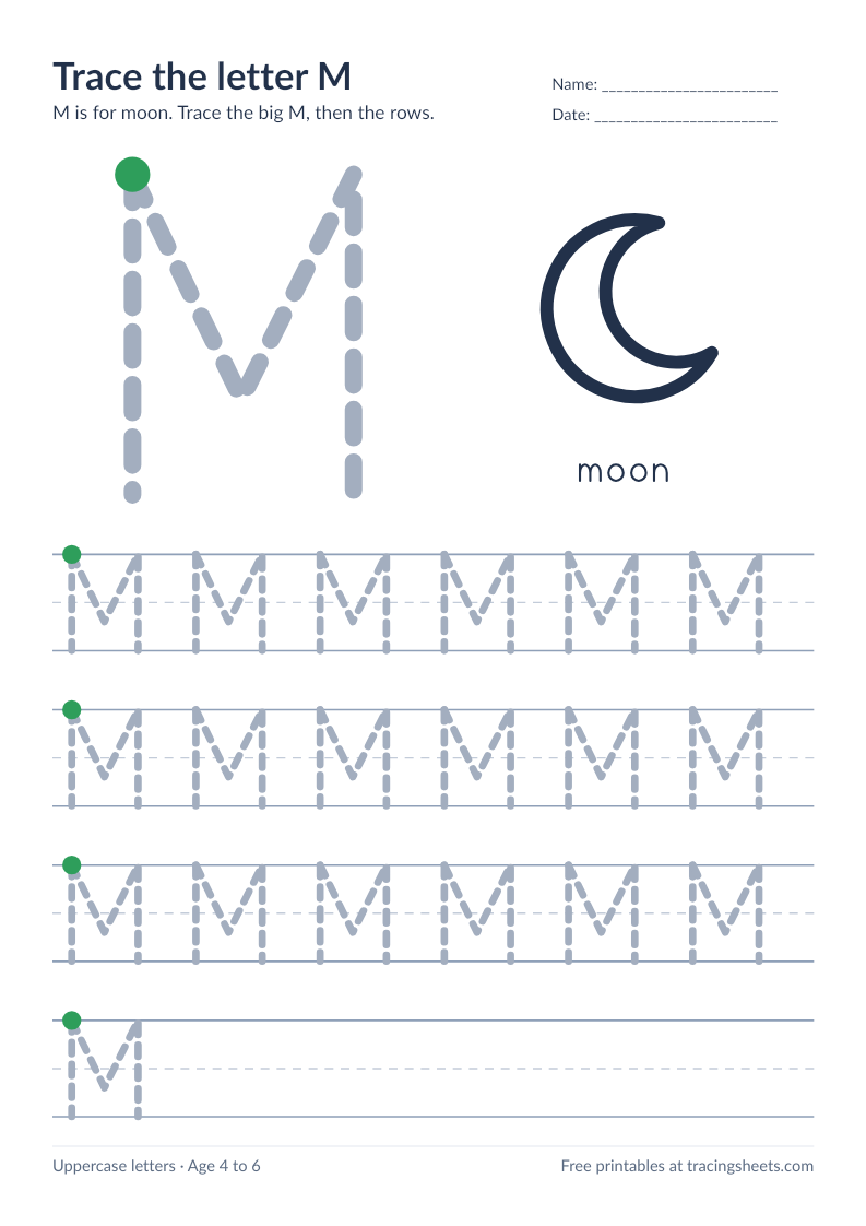 Preview of the printable trace the letter m worksheet