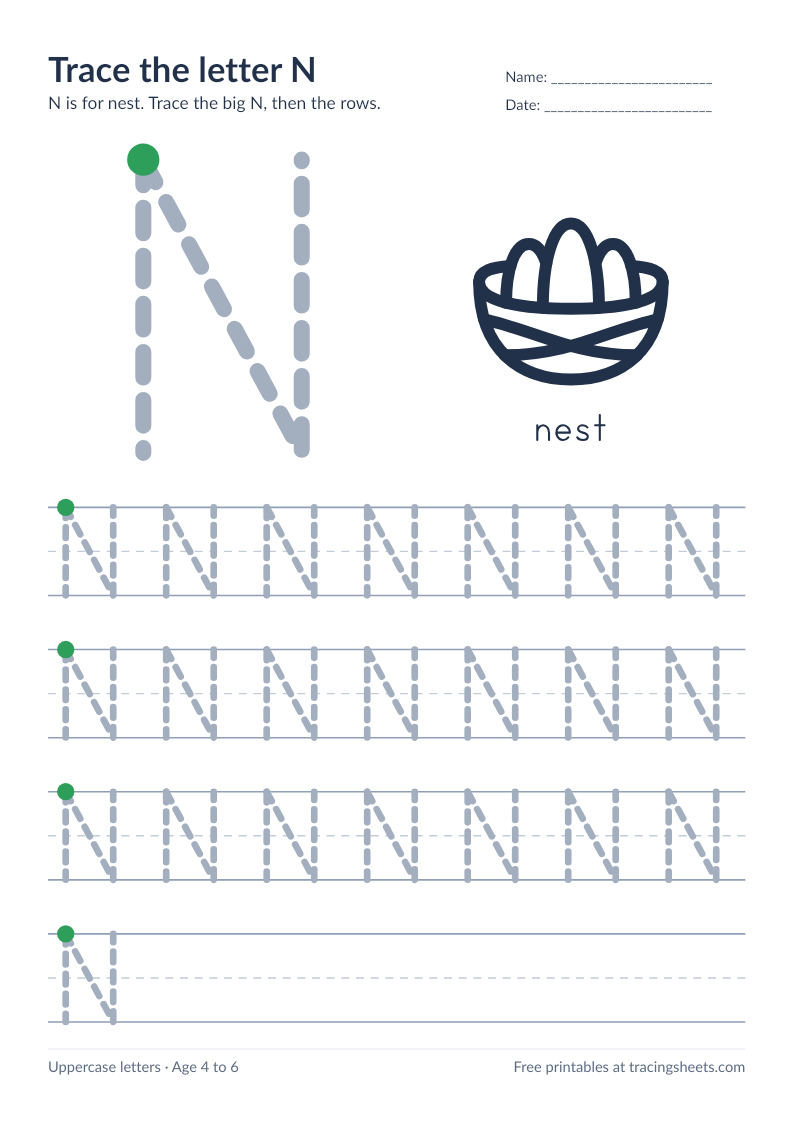 Preview of the printable trace the letter n worksheet