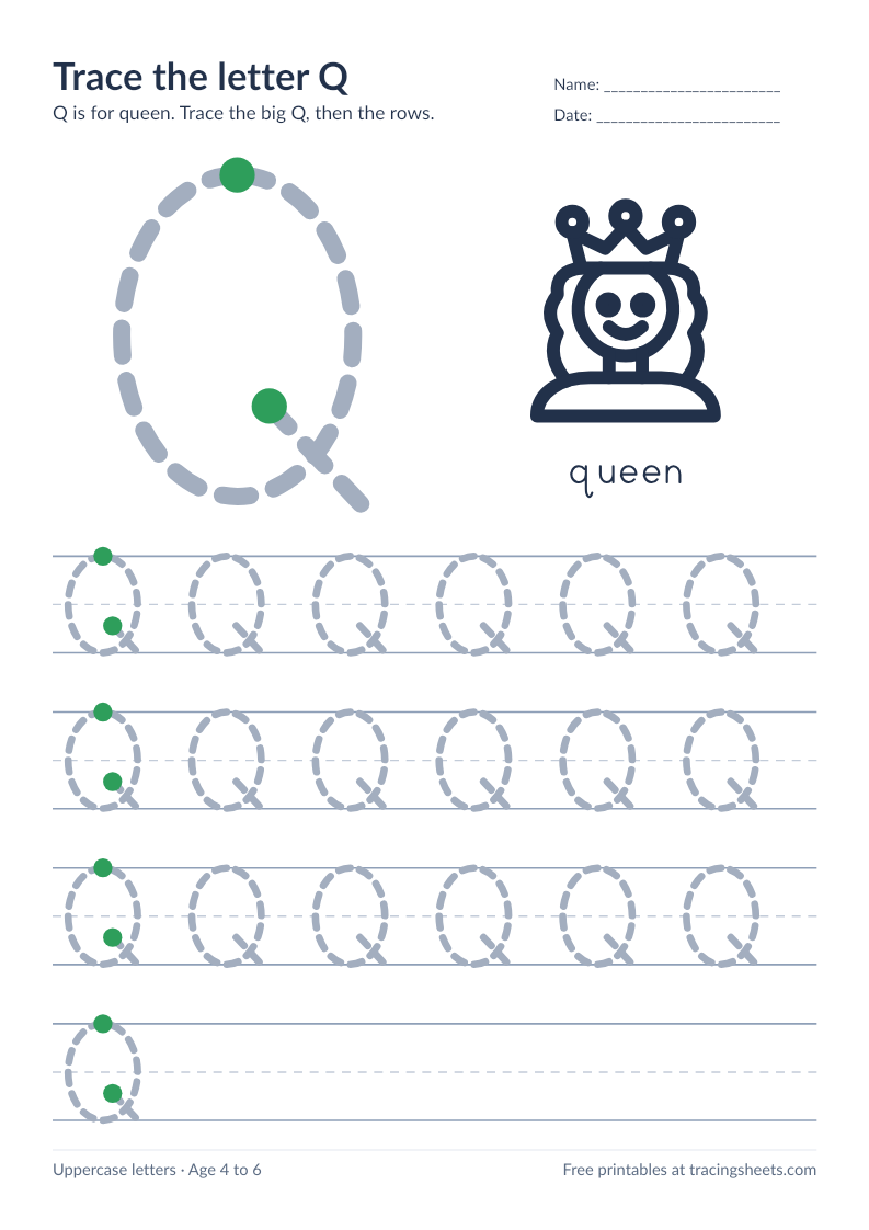 Preview of the printable trace the letter q worksheet