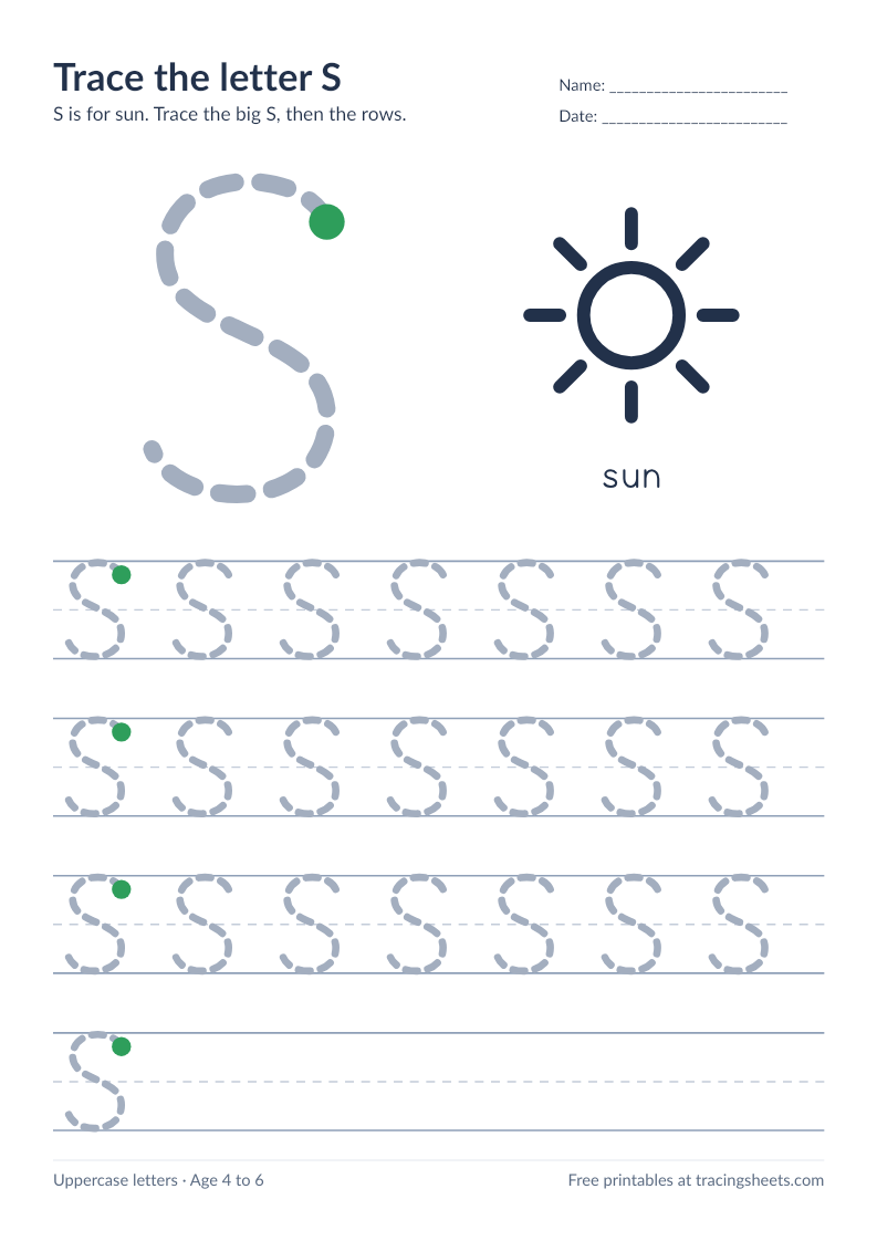 Preview of the printable trace the letter s worksheet