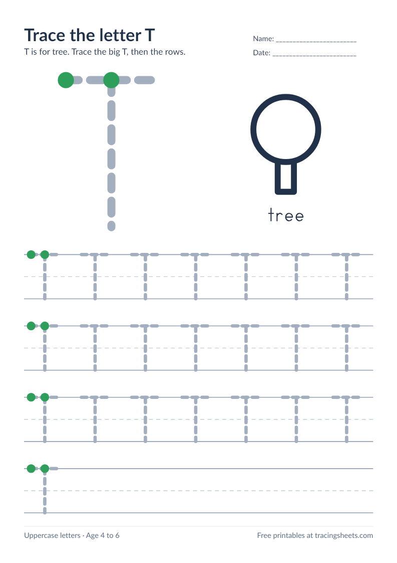 Preview of the printable trace the letter t worksheet