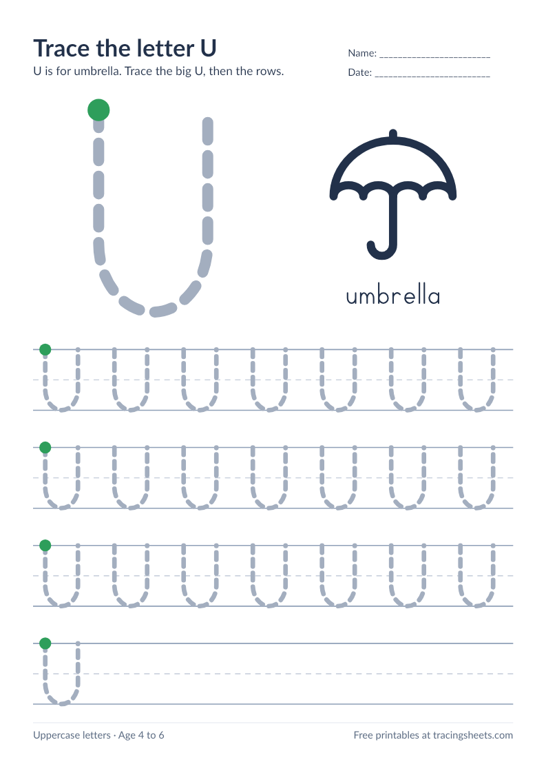 Preview of the printable trace the letter u worksheet