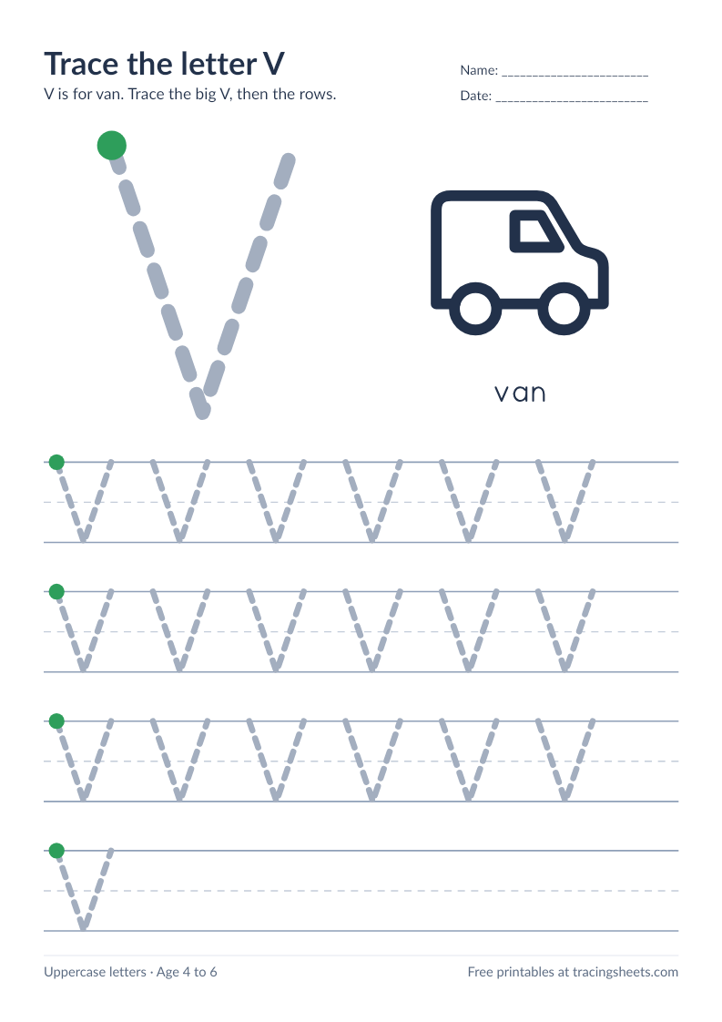 Preview of the printable trace the letter v worksheet