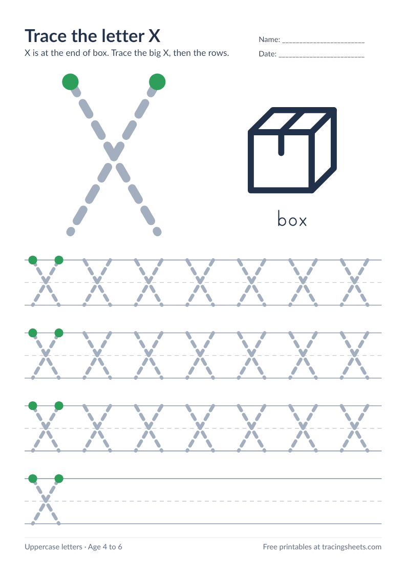 Preview of the printable trace the letter x worksheet