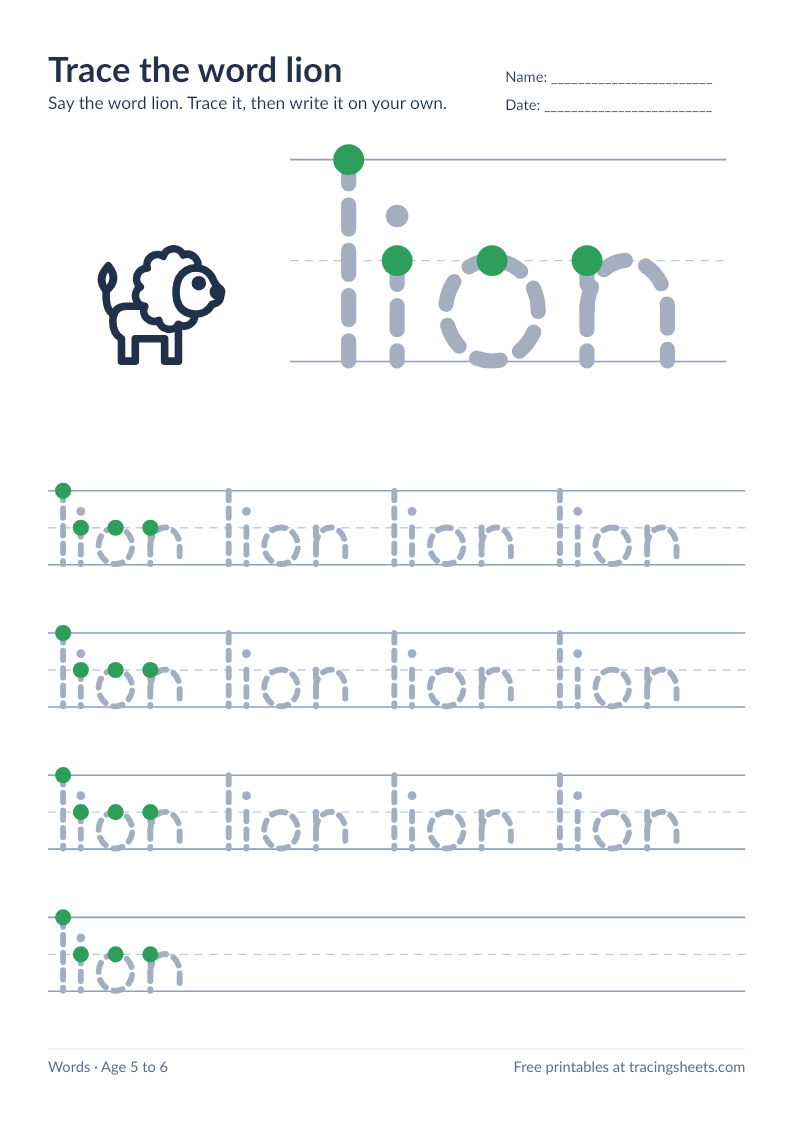 Preview of the printable trace the word lion worksheet