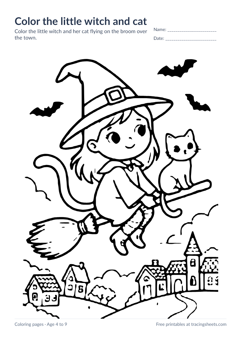 Preview of the printable color the little witch and cat worksheet