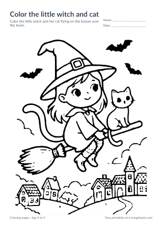 Preview of the color the little witch and cat worksheet