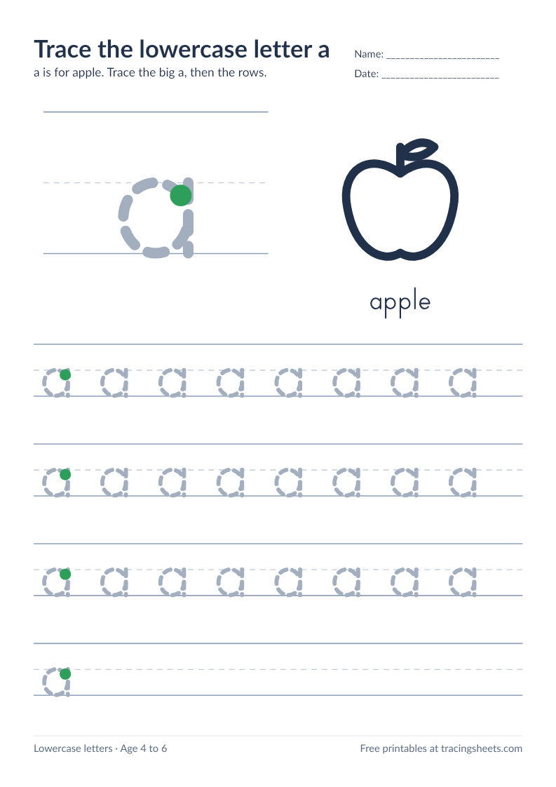 Preview of the printable trace the lowercase letter a worksheet